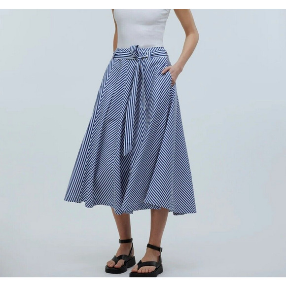 Madewell Poplin Flared Midi Skirt Size 00 in Stripe With Pockets - Picture 1 of 14